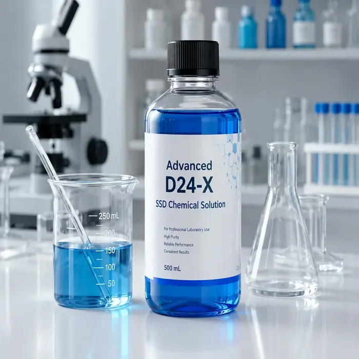 Advanced D24-X SSD Chemical Solution bottle in a modern laboratory with professional scientific equipment.
